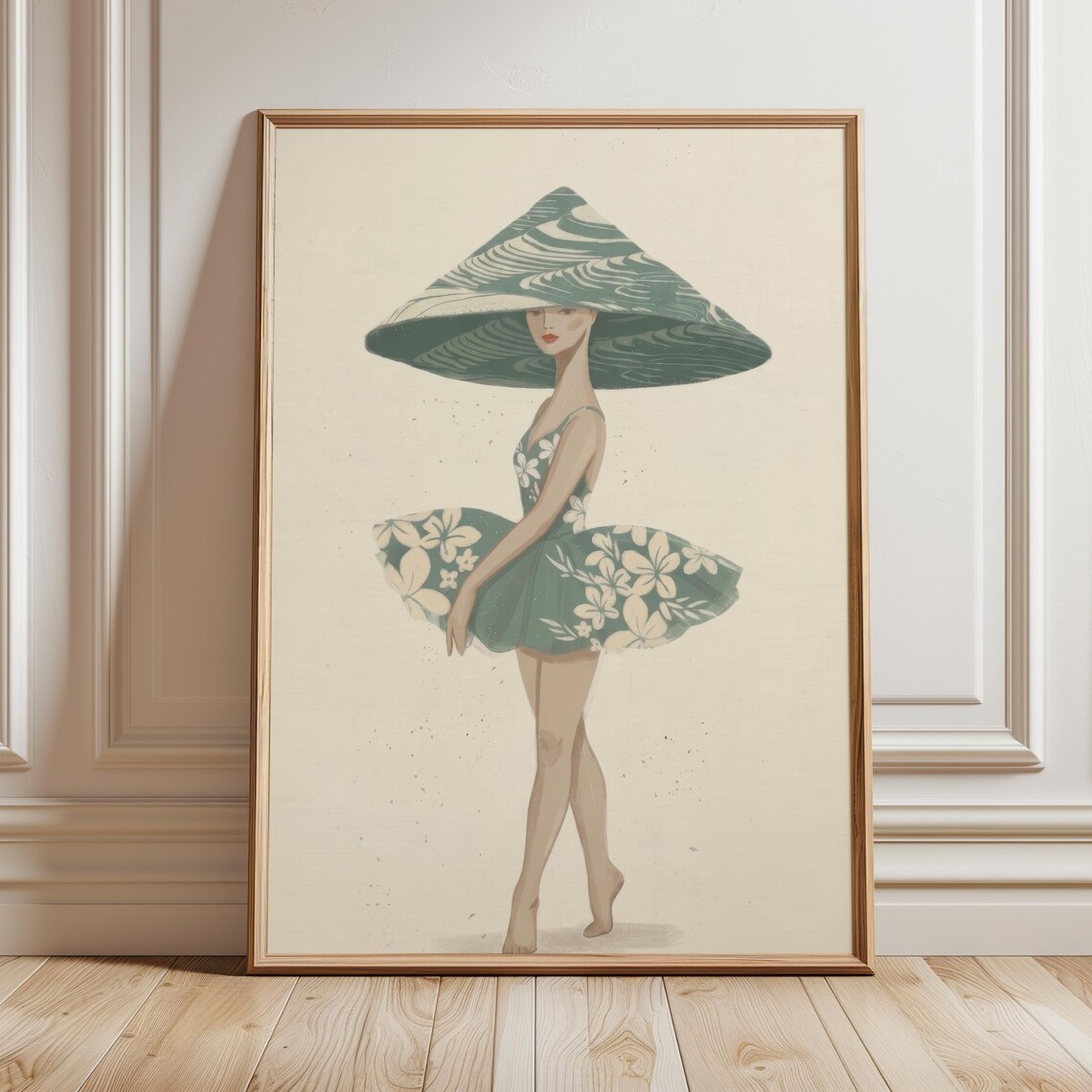 Woman Oversized Green Conical Hat Floral Dress Fashion Illustration Wall Art