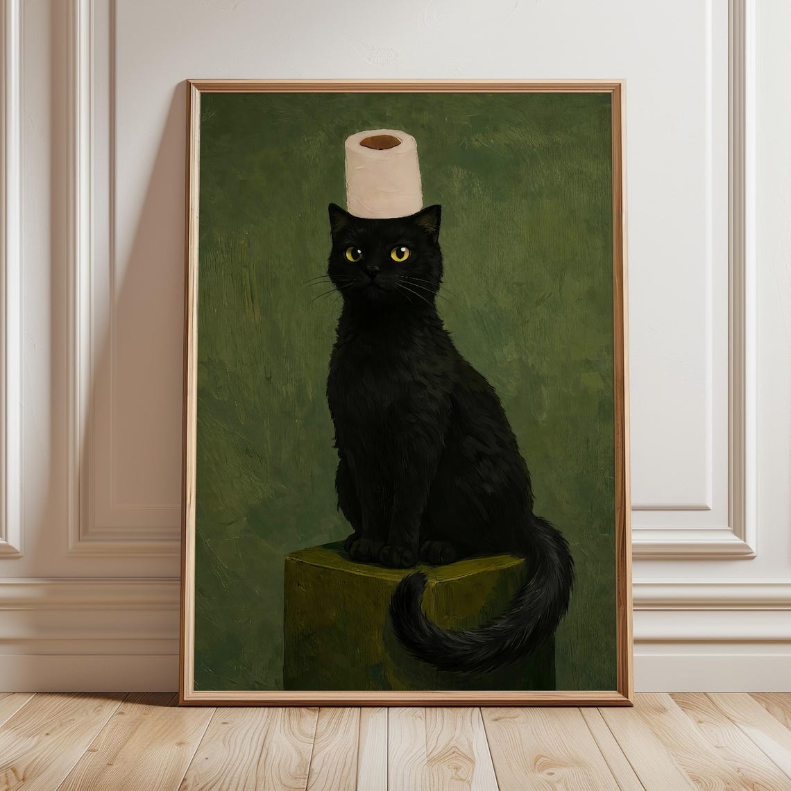 Black Cat With Toilet Paper Print Funny Bathroom Wall Art Humorous Animal Poster Quirky Restroom Oil Painting Decor Digital Download