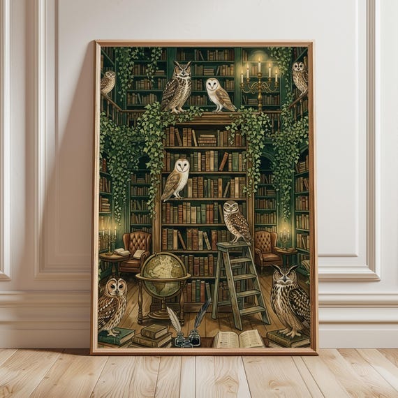 Library Owls Vintage Woodland Art Print Grandmillennial Bookish Decor Cozy Reading Nook Poster Study Room Owl Artwork Digital Download