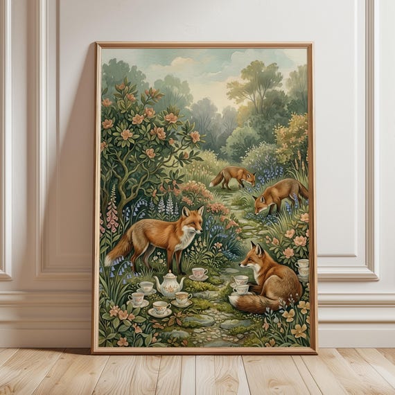Fox Tea Party Wall Art Print Cottagecore Nursery Decor Whimsical Woodland Animal Illustration Vintage Forest Painting Digital Download