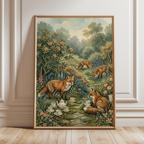 Whimsical Red Foxes Woodland Tea Party Blooming Garden Poster