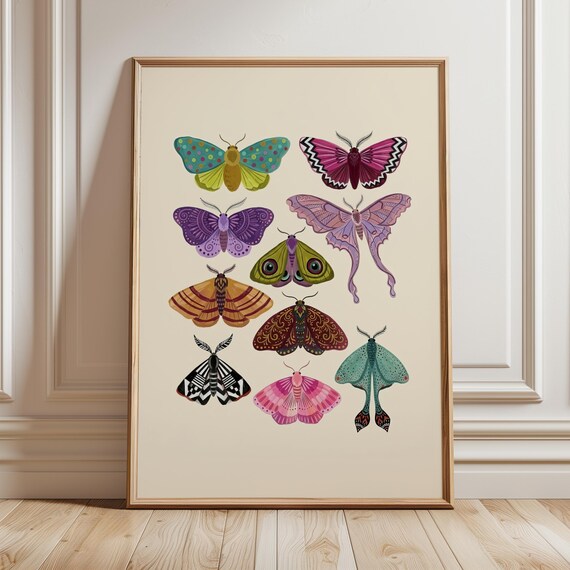 Colorful Folk Art Moth Print Whimsical Maximalist Wall Decor Bright Woodland Nursery Poster Vibrant Butterfly Painting Electric Home