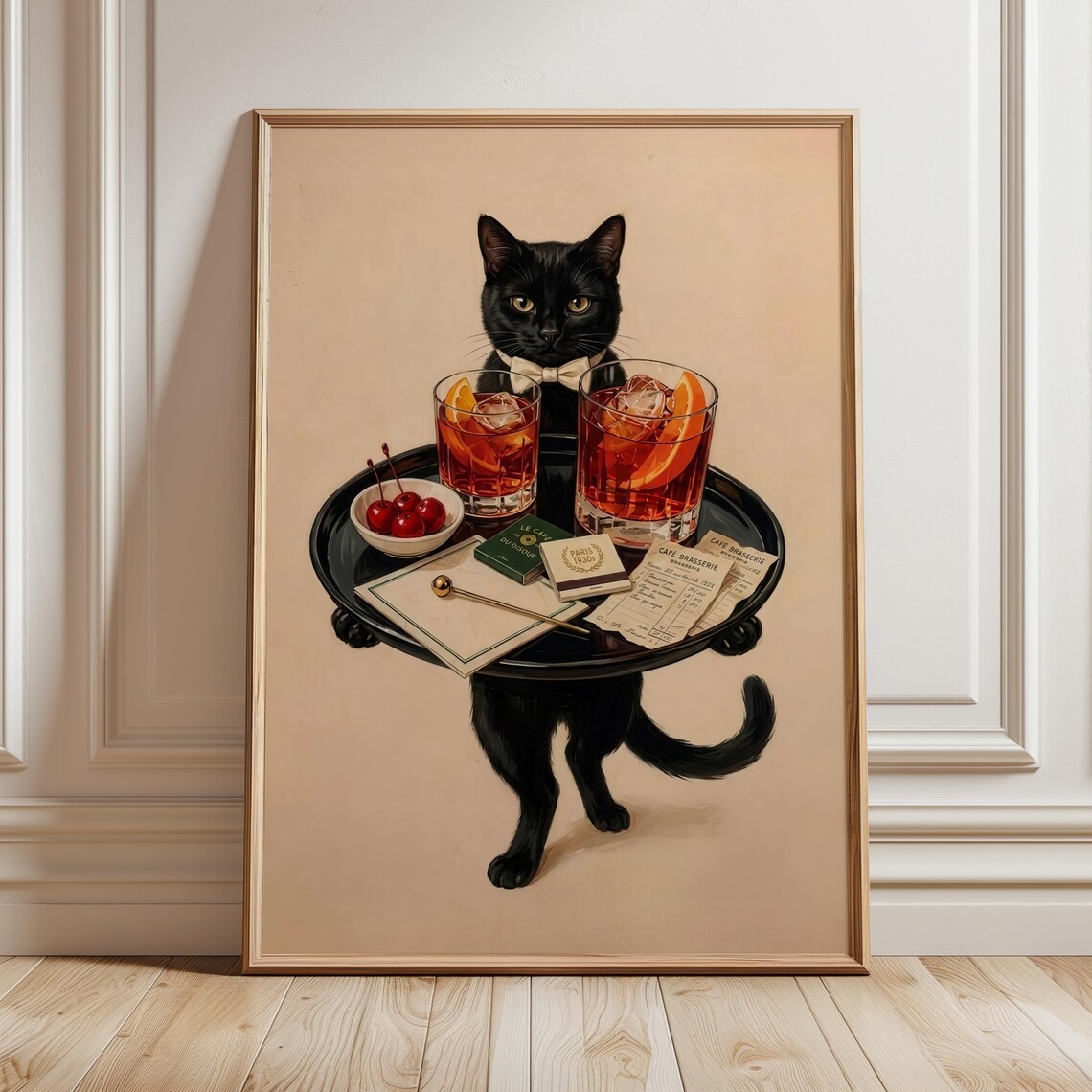 Funny Black Cat Butler Wall Art Print Moody Cocktail Poster Dark Academia Bar Cart Decor Vintage Bistro Painting Digital Download