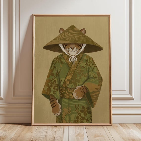 Japanese Tiger Kimono Art Print Animal Japandi Wall Decor Vintage Ukiyoe Style Poster Asian Inspired Woodblock Digital Download