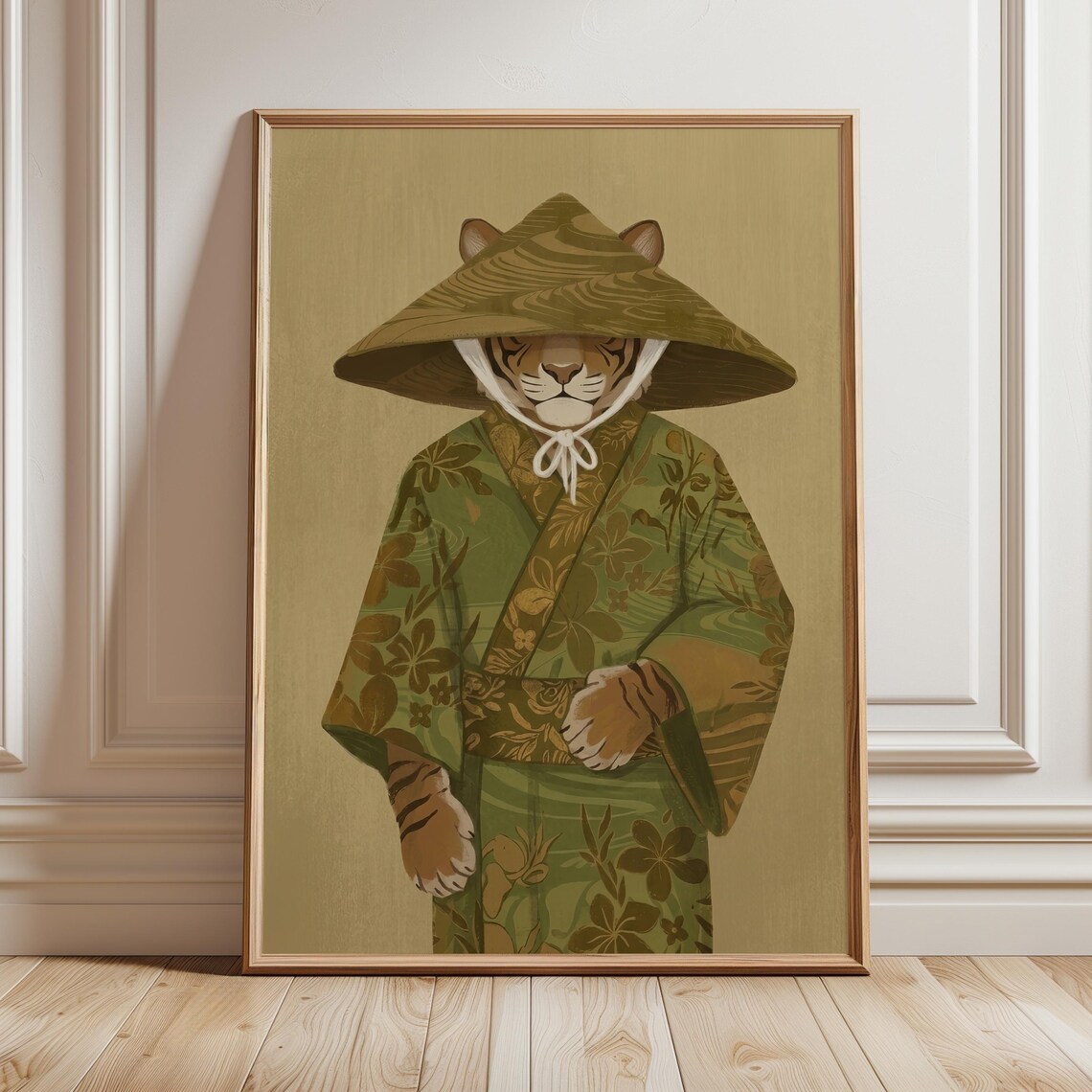 Tiger in Kimono Straw Hat Japanese Inspired Whimsical Animal Wall Art