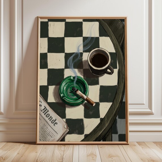Moody Espresso Cigarette Dark Vintage Checkerboard Bar Cafe Print