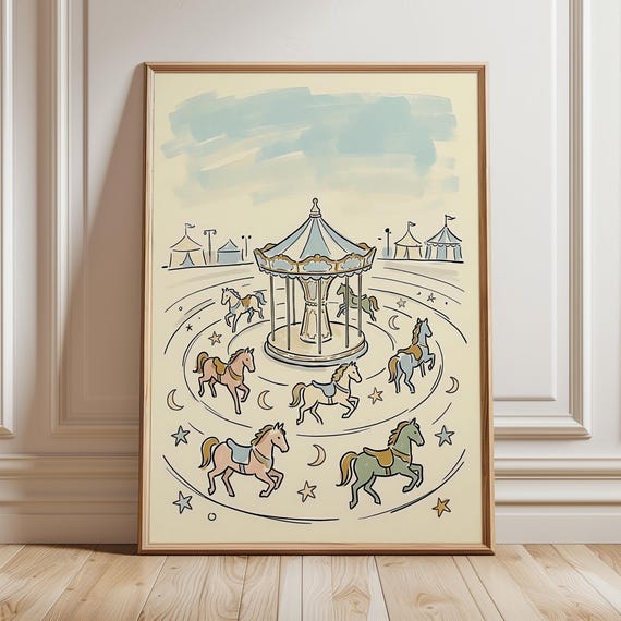 Carousel Horse Art Print Vintage Carnival Nursery Painting Whimsical Pony Illustration Kids Room Wall Decor Neutral Baby Playroom Poster