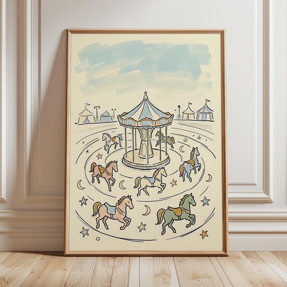 Vintage Carousel Horses Line Art Whimsical Nursery Carnival Poster