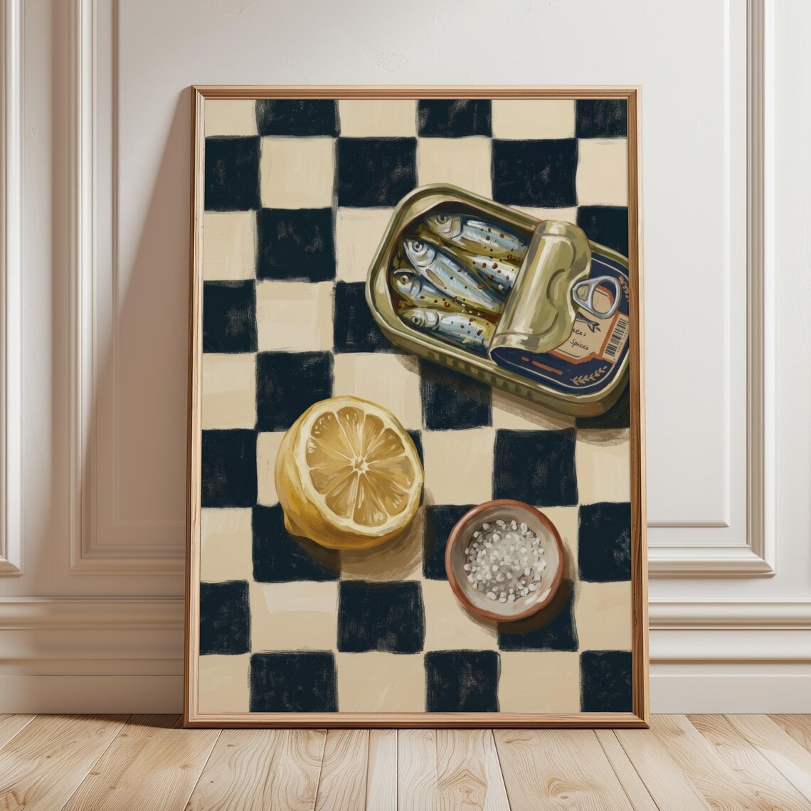 Checkered Sardine Art Print, Retro Mediterranean Food