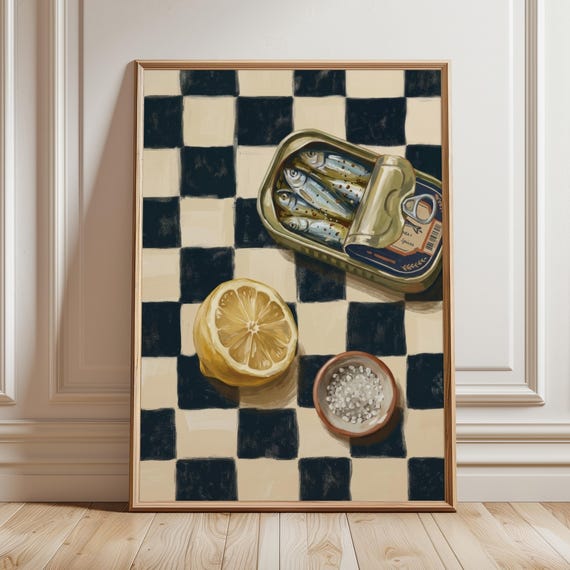 Checkered Sardine Art Print, Retro Mediterranean Food