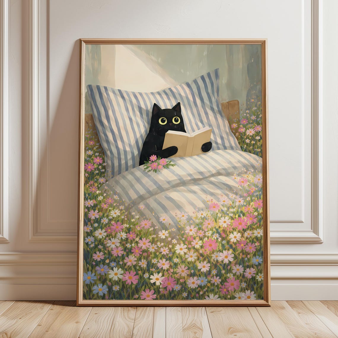 Black Cat Reading Book Flower Bed Poster Cute Cozy Feline Cottage Art