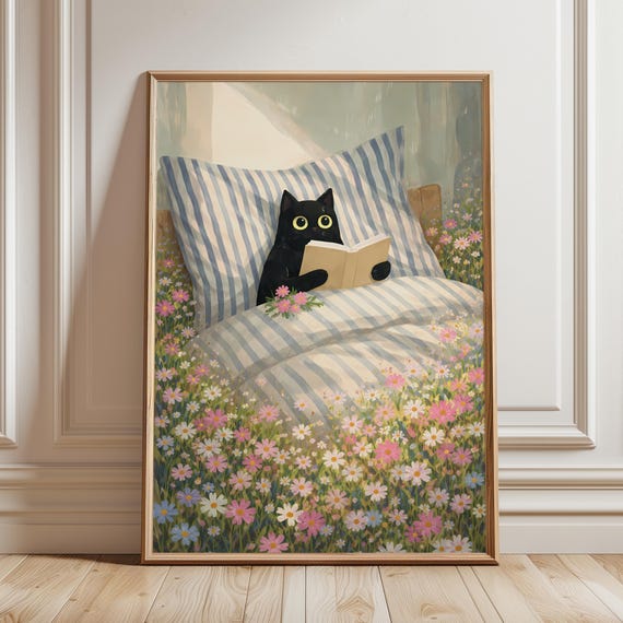 Black Cat Reading Book Printable Wall Art Cozy Cottagecore With Flowers Kawaii Floral Pet Print Nursery Decor Digital Download