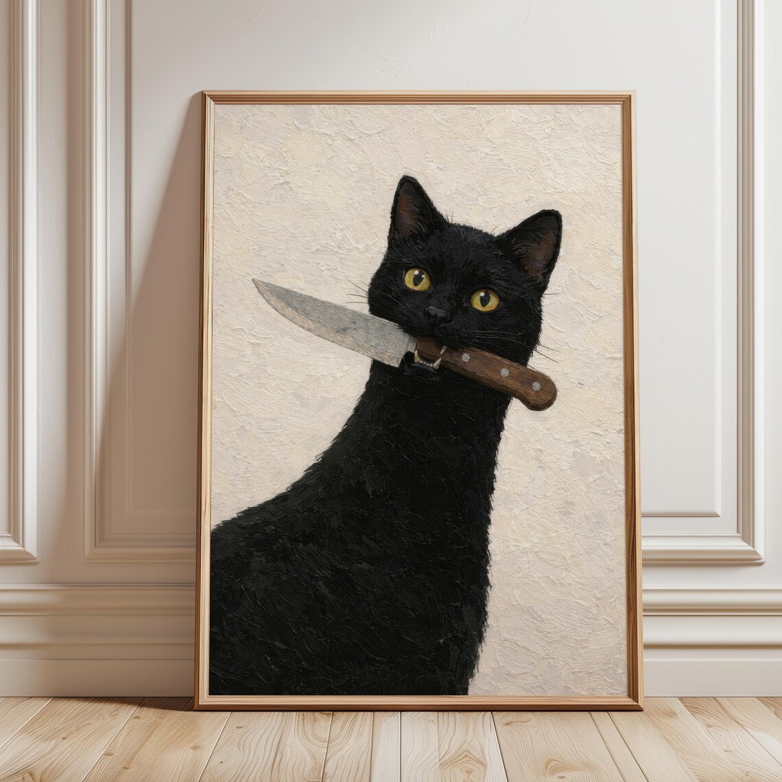 Funny Black Cat Holding Vintage Knife Quirky Impasto Art Poster
