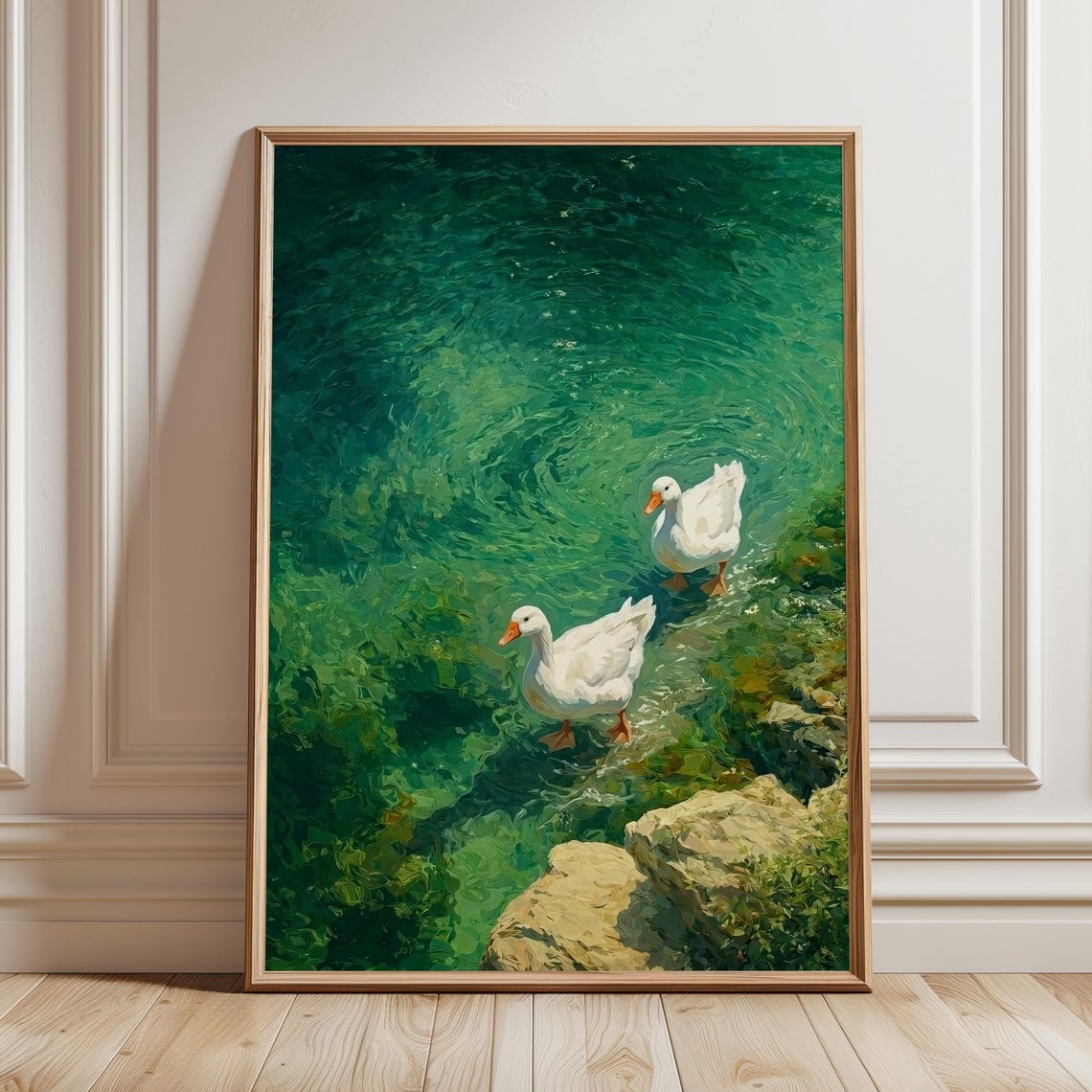 White Geese Emerald Water Poster Painterly Lake Birds Nature Art