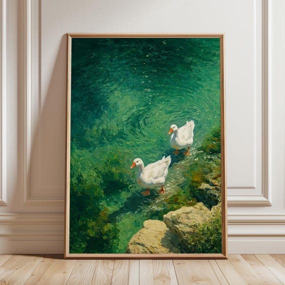 Geese In Emerald Ocean Print Minimalist Farm Animal Wall Art Cottagecore Goose Poster Nature Summer Painting Decor Digital Download