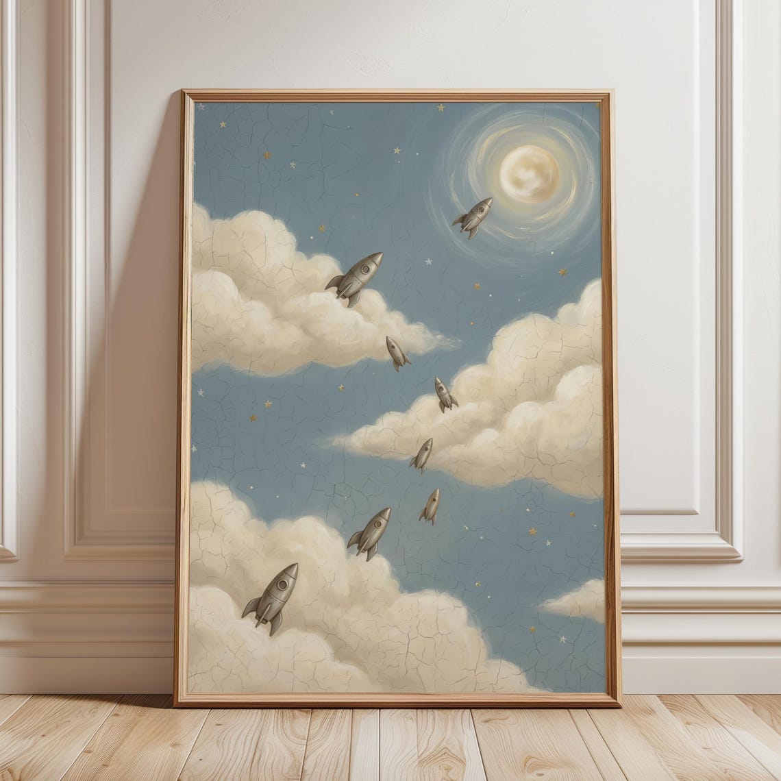 Vintage Space Rockets Soaring Past Clouds Toward the Moon Wall Art