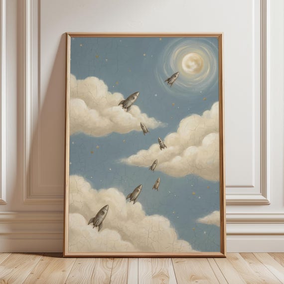 Vintage Space Rocket Nursery Baby Boy Room Decor Scandinavian Print Celestial Kids Art Blue Sky Clouds Poster Digital Download