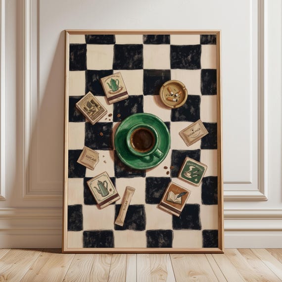 Vintage Espresso Coffee Still Life Print Moody Bar Wall Art Retro Checkerboard Kitchen Decor Dark Caf Poster Digital Download