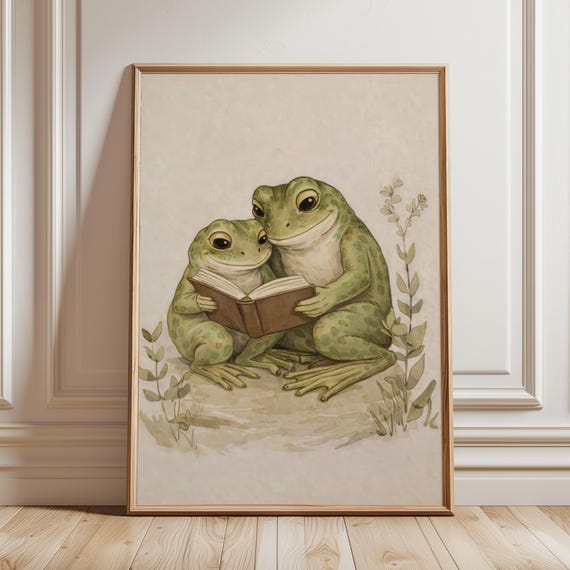 Frog Reading Wall Art Print Cozy Book Lover Decor Cottagecore Nook Illustration Vintage Animal Nursery Printable Digital Download