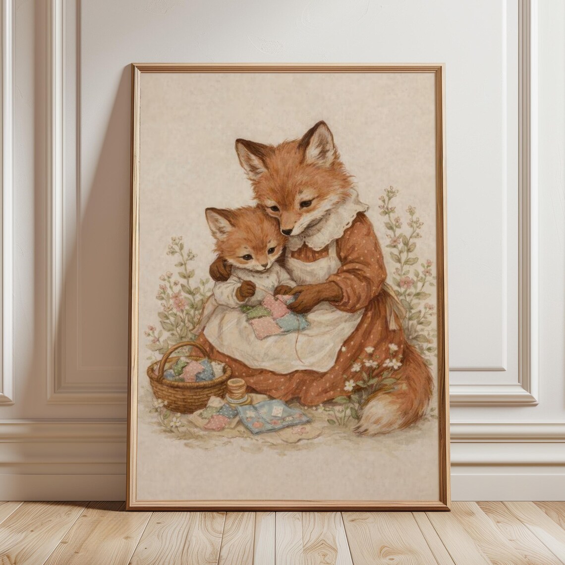 Fox Mother and Baby Sewing Quilt Woodland Nursery Art Poster