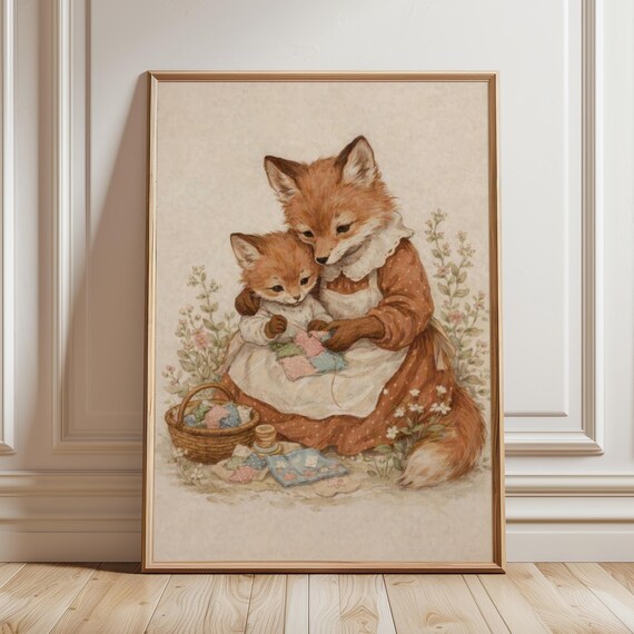 Fox Mother and Baby Sewing Quilt Woodland Nursery Art Poster