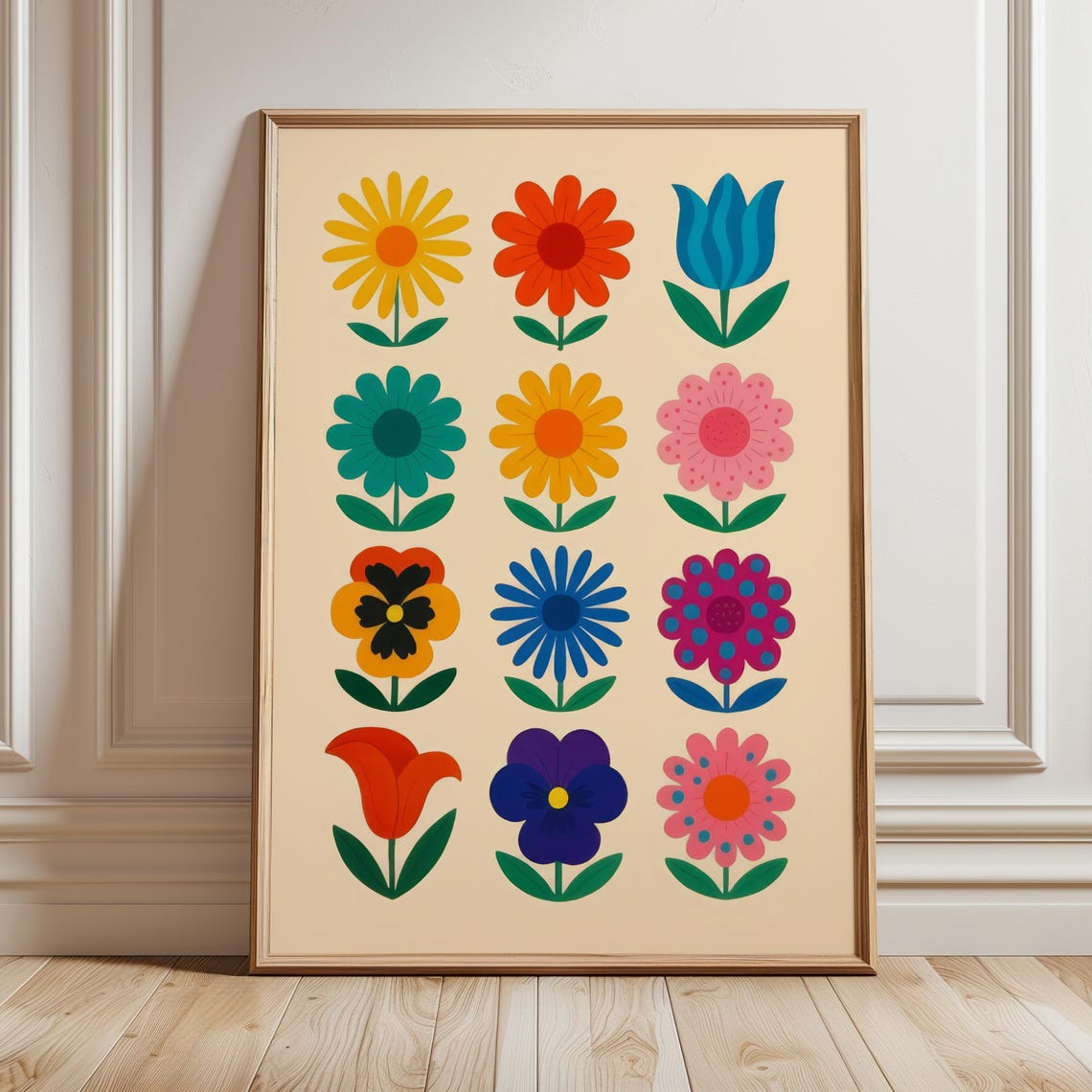 Twelve Folk Art Flowers Grid Colorful Botanical Blooms Poster