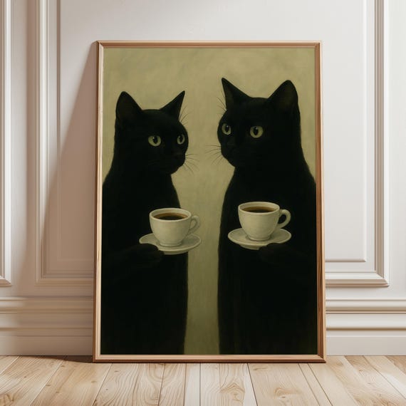 Black Cat Drinking Coffee, Introvert Aesthetic Decor