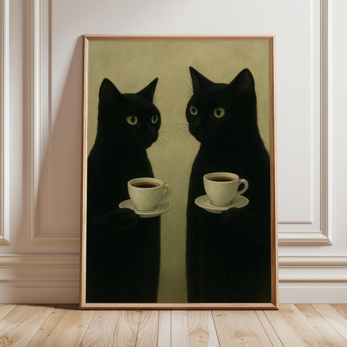 Black Cat Drinking Coffee, Introvert Aesthetic Decor