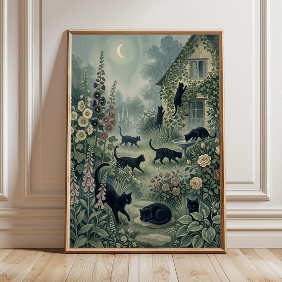 Black Cat Garden Art Print Whimsical Botanical Wall Decor Storybook Cottagecore Floral Illustration Moody Maximalist Nature Poster