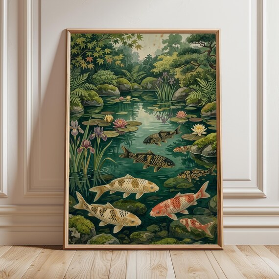 Koi Fish Pond Japanese Garden Print Japandi Zen Nature Tranquil Botanical Water Art Poster Minimalist Asian Wall Decor Digital Download
