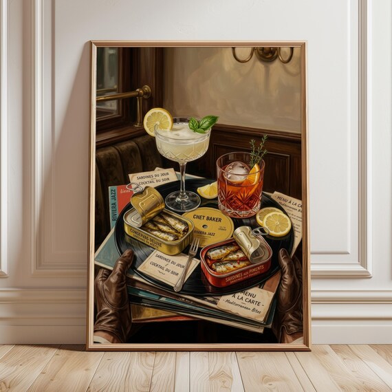 Sardines and Cocktails Jazz Vinyl Moody Lounge Bar Art Poster