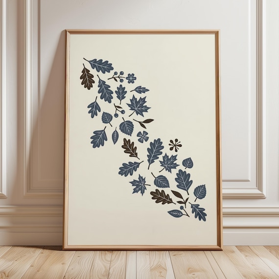 Scandinavian Falling Autumn Leaves in Navy and Brown Minimalist Poster