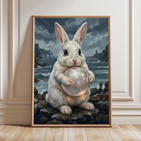 White Rabbit Wall Art Print Dark Academia Bunny Decor Moody Vintage Animal Painting Whimsical Fantasy Cottagecore Gothic Storybook Poster