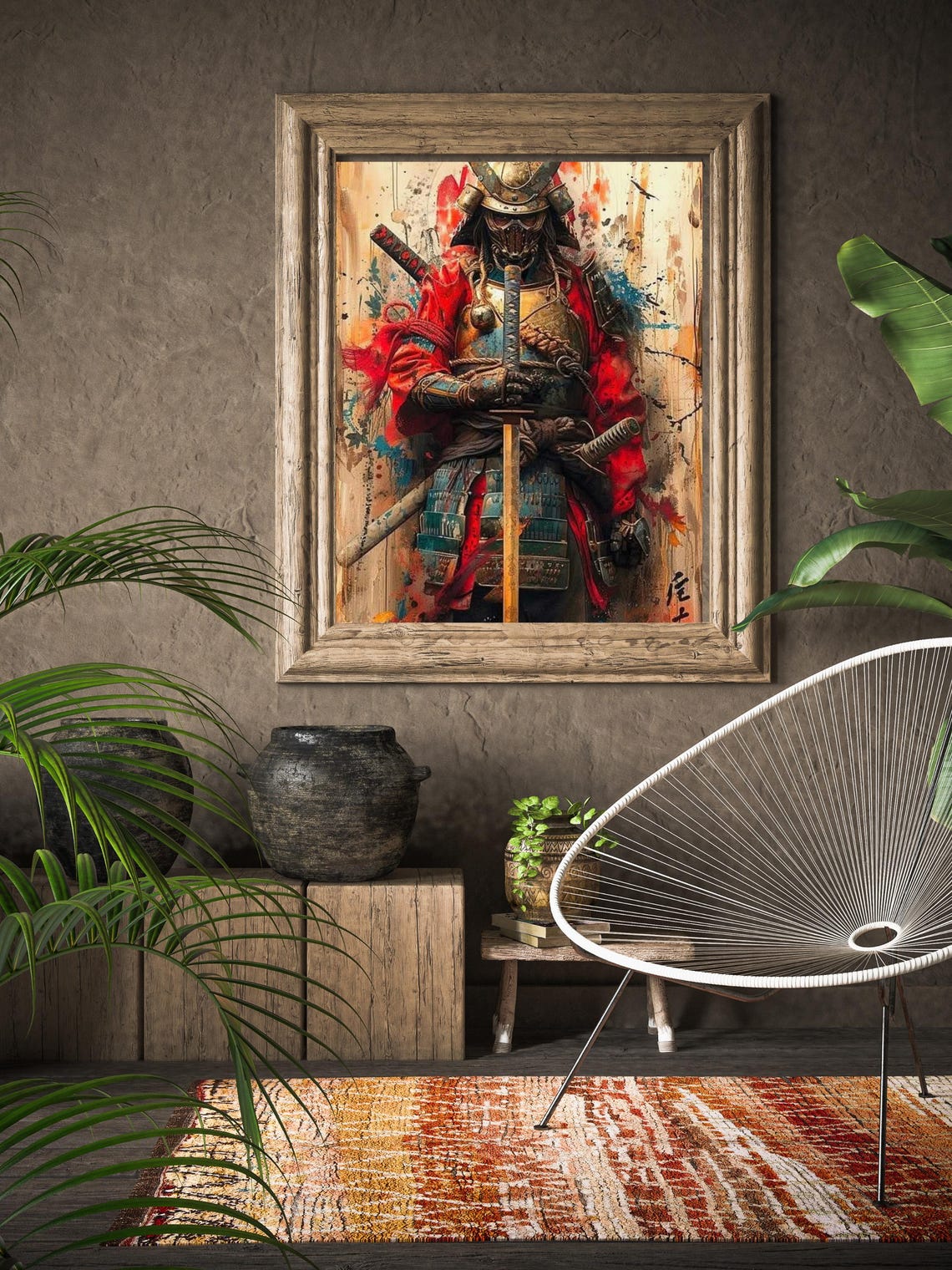Samurai Armor Red Gold Warrior Watercolor Grunge Japanese Art Poster