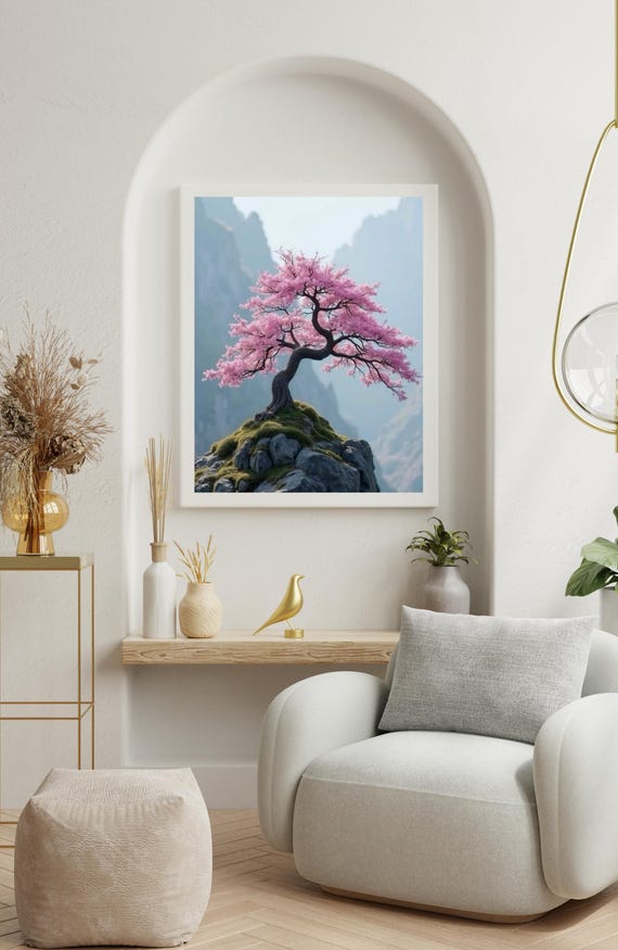 Cherry Blossom Tree On Rocky Mountain Misty Blue Scenic Art Poster
