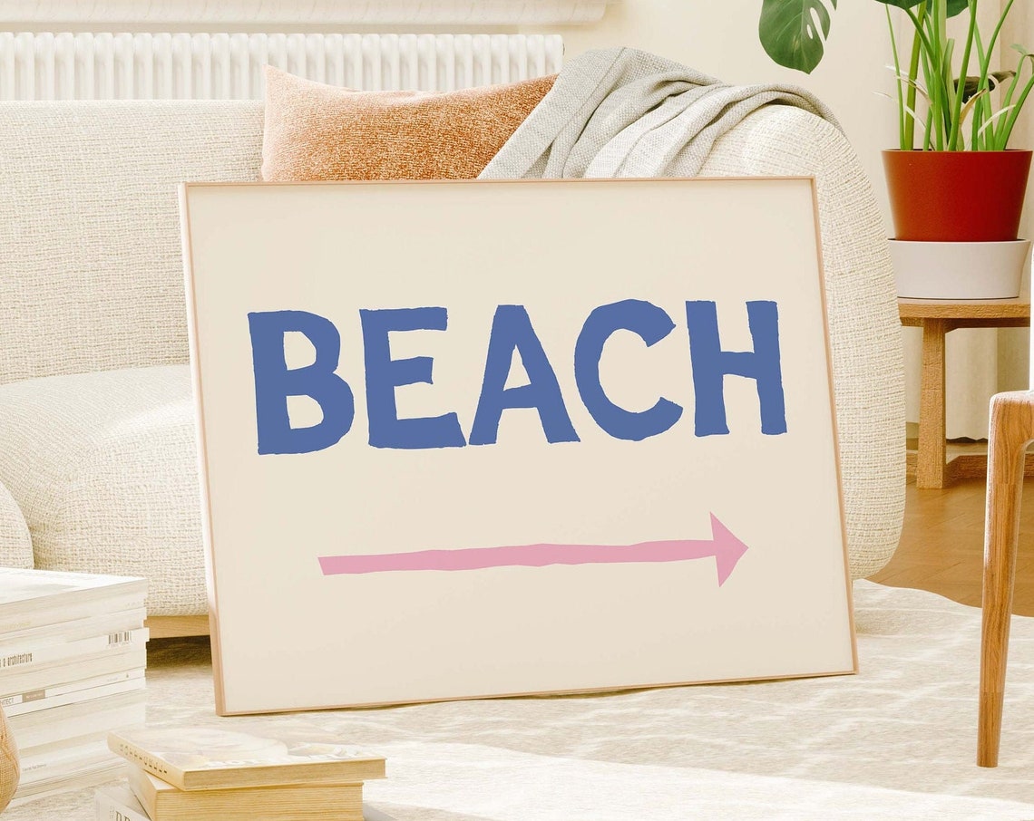 Beach This Way Blue Bold Text Pink Arrow Coastal Typography Poster