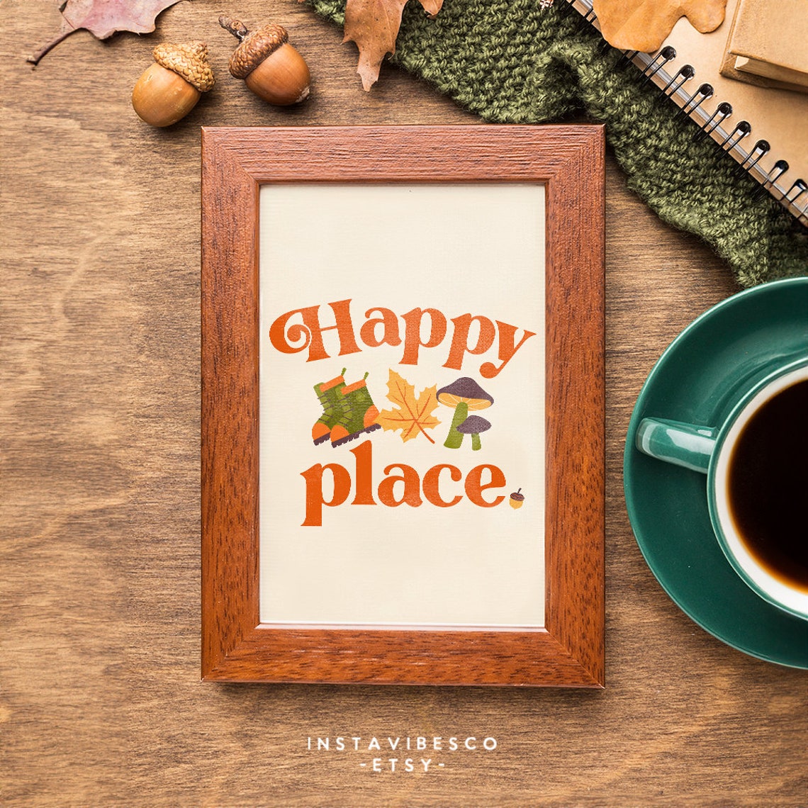 Happy Place Autumn Hiking Boots Mushroom Fall Retro Quote Poster - Image 3