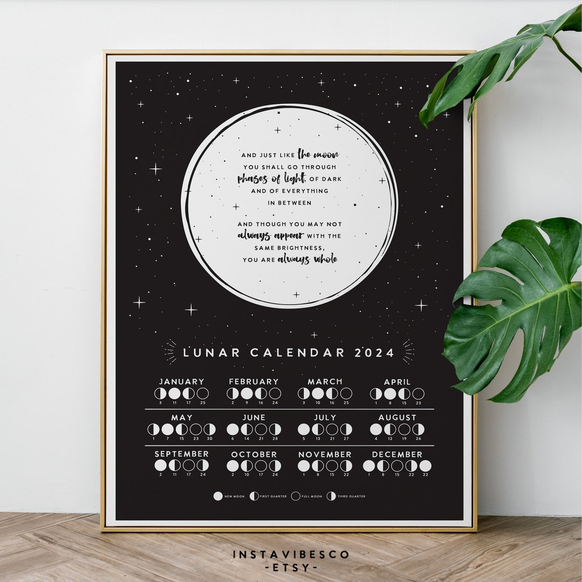 2024 Lunar Calendar Moon Phases Chart Celestial Black White Poster - Image 2