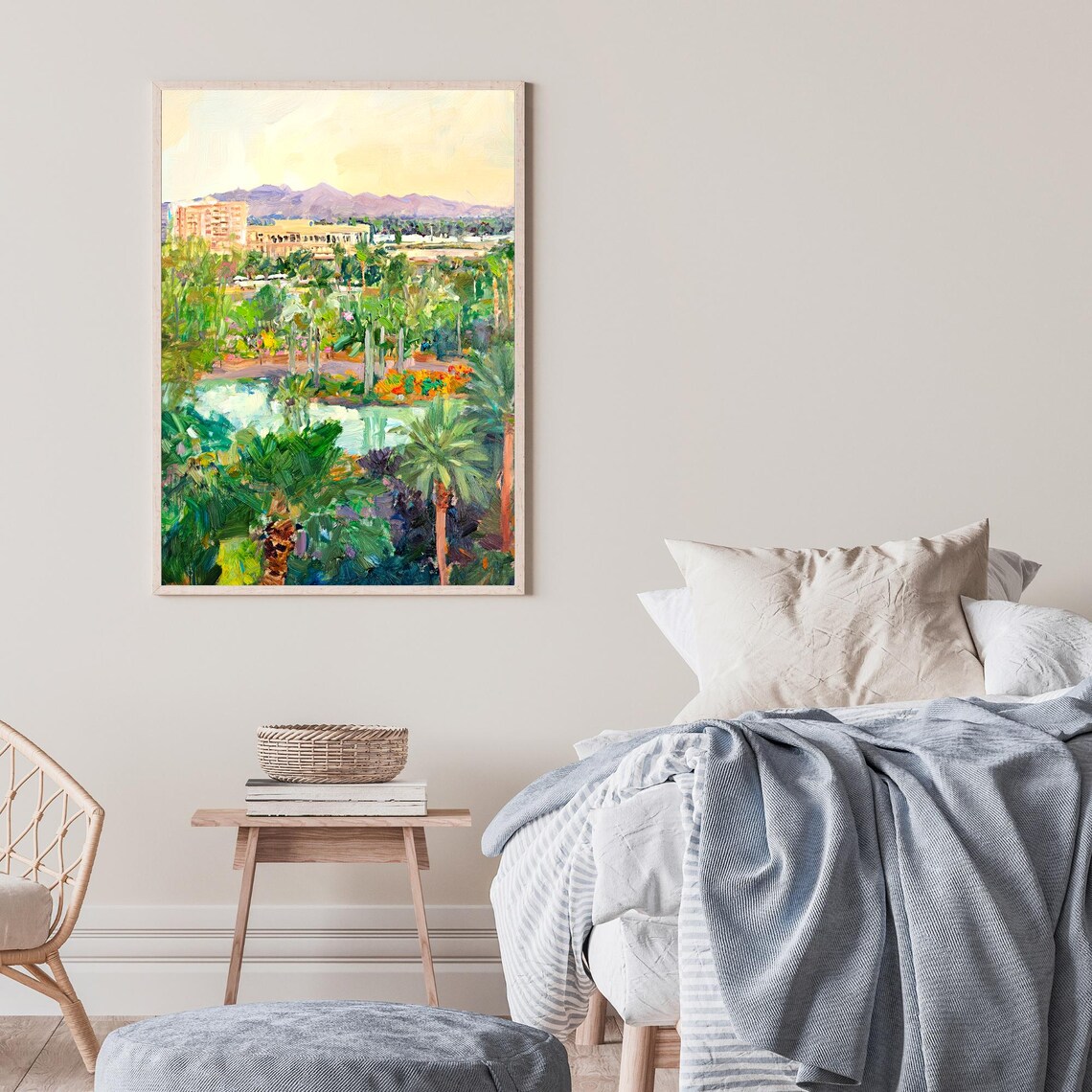 Desert City Palm Trees Lake Mountain Oasis Impressionist Oil Wall Art - Image 2