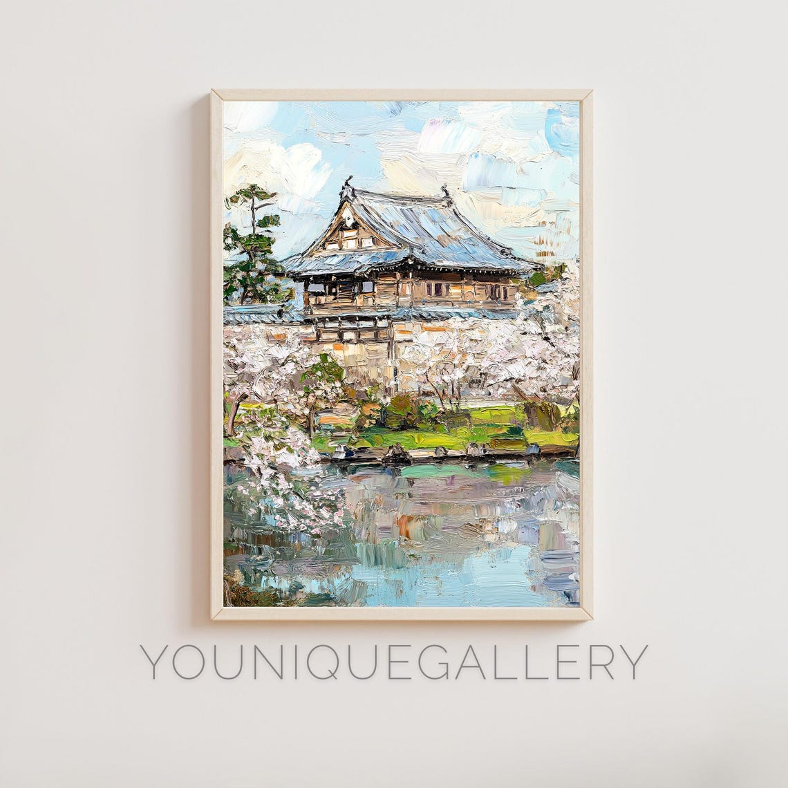 Japanese Temple Cherry Blossom Pagoda Spring Pond Oil Painting Poster
