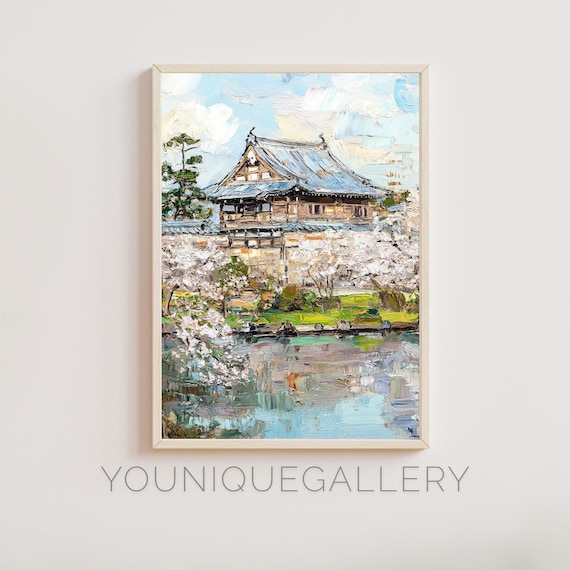 Japanese Temple Cherry Blossom Pagoda Spring Pond Oil Painting Poster