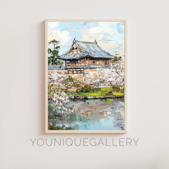 Japanese Temple Oil Painting Wall Art Cherry Blossom Print Asian Pagoda Poster Wall Decor Zen Garden Art Print