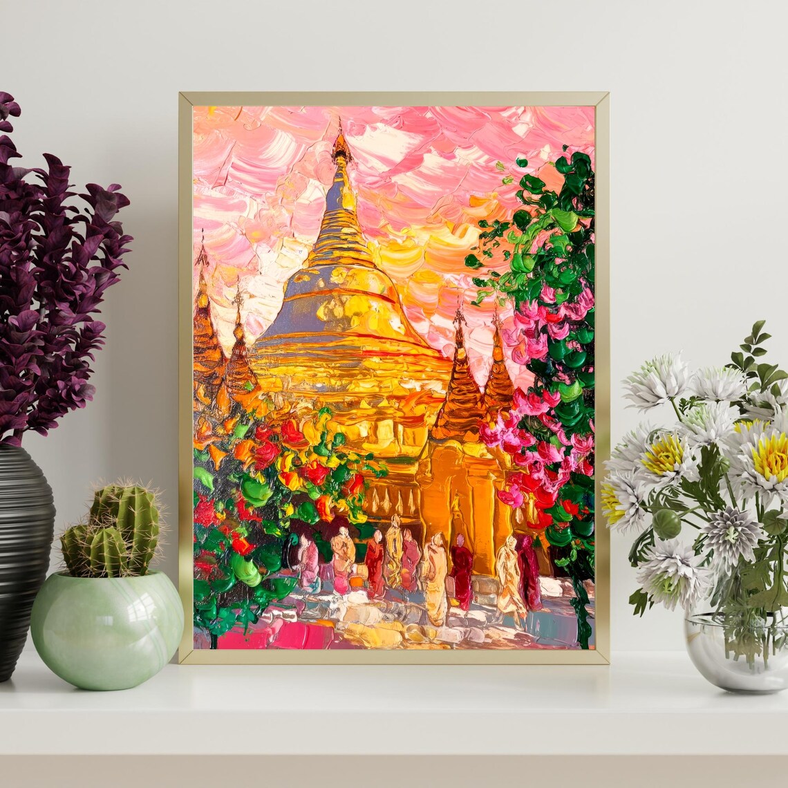 Shwedagon Pagoda Myanmar Golden Stupa Sunset Painting Travel Poster - Image 4