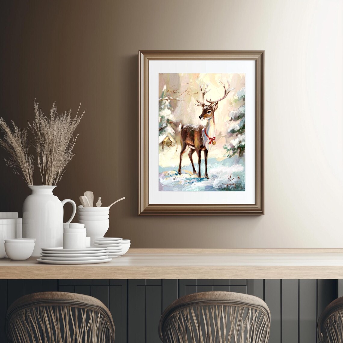 Christmas Reindeer in Snowy Woodland Winter Wildlife Scene Poster - Image 2