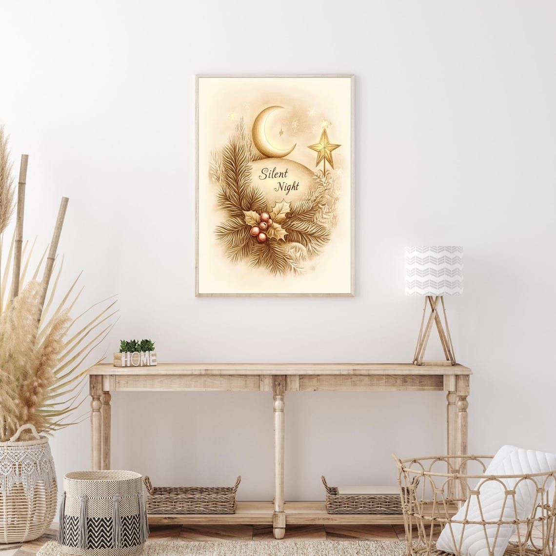 Silent Night Crescent Moon and Gold Star Holiday Wreath Poster - Image 4