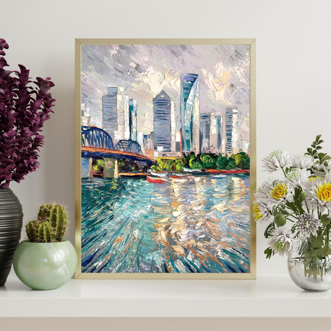 City Bridge River Boats Shimmering Water Impressionist Oil Painting Wall Art - Image 4