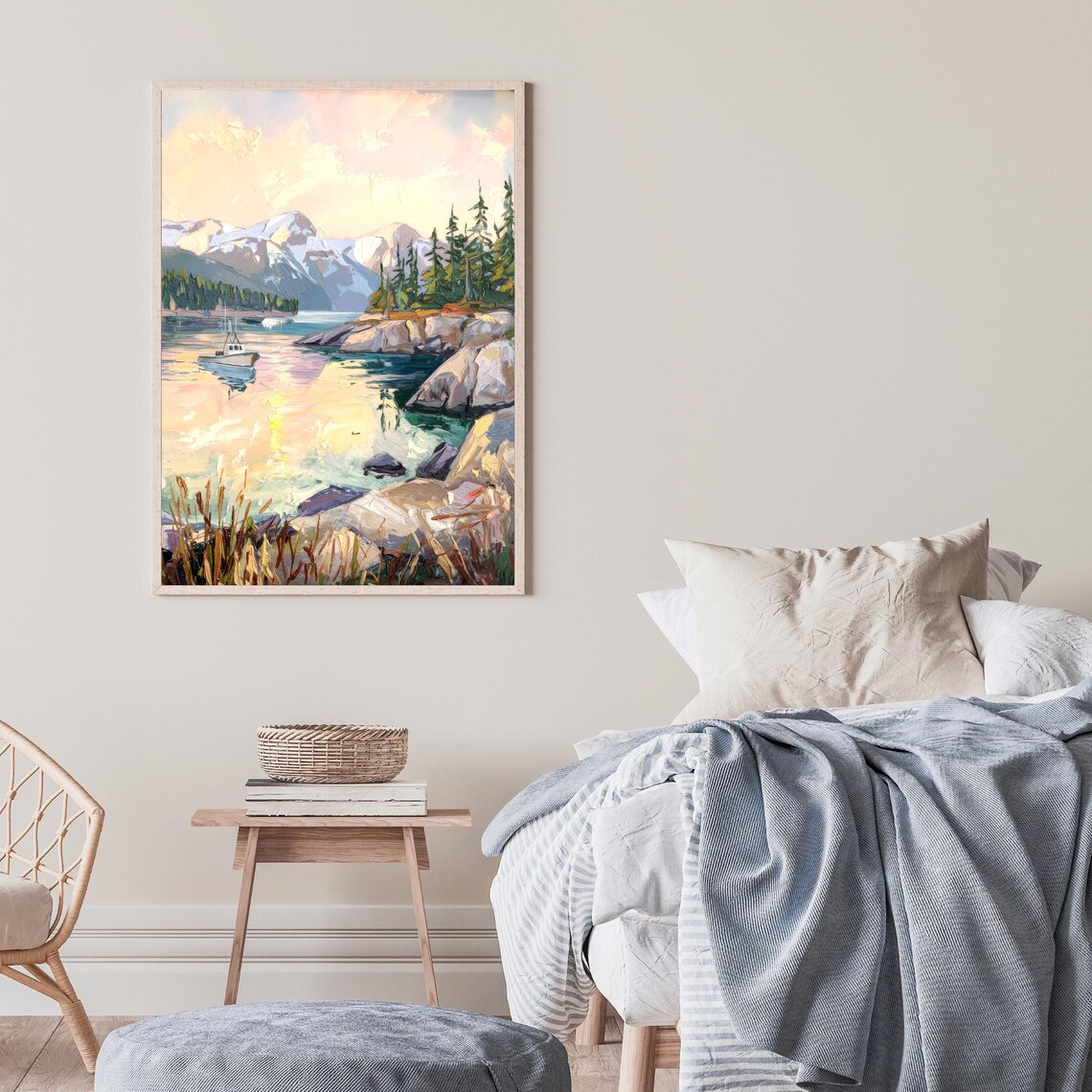 Sitka Alaska Coastal Sunset Fishing Boat Mountain Lake Painting Poster - Image 2