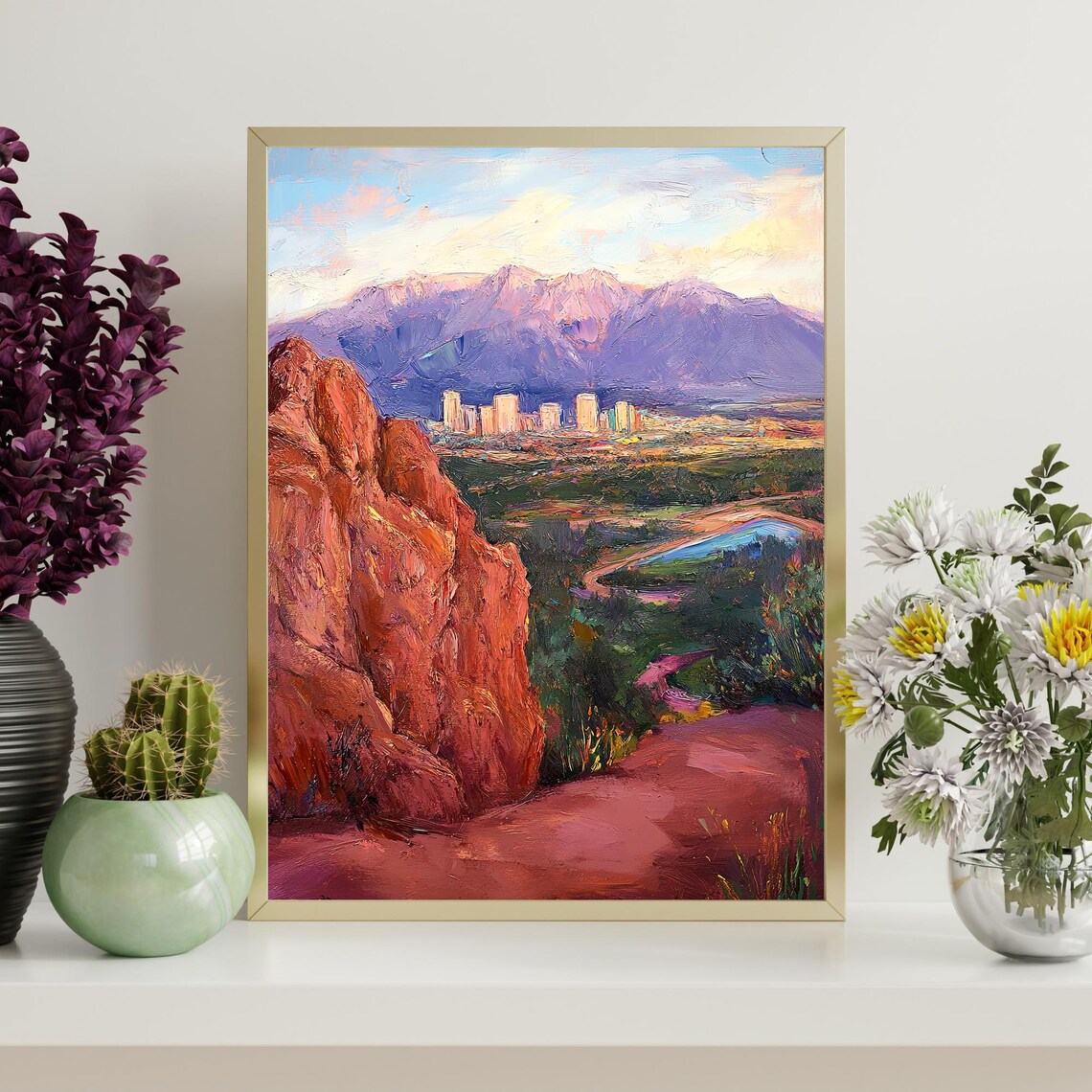 Colorado Springs Red Rock Mountain Cityscape Oil Painting Poster - Image 4