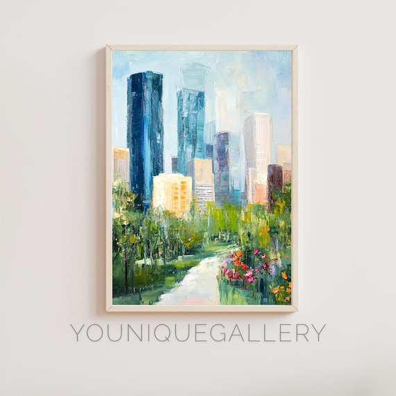 Houston Skyline Urban Park Garden Flowers Modern Cityscape Oil Poster