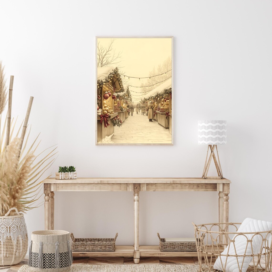 Vintage Christmas Market Wooden Stalls Festive Street Art Poster - Image 3